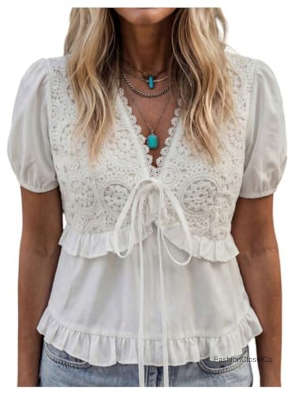 Embroidered Tie Front V Neck Puff Sleeve Babydoll Blouse Boho Peplum Top - Picture 1 of 4